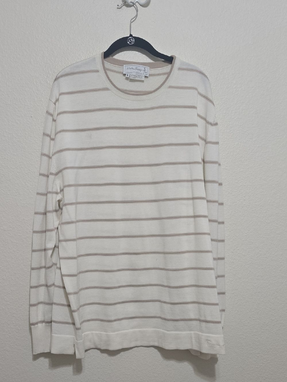 Salvatore Ferragamo Cream Striped Cotton Crewneck Sweater XL